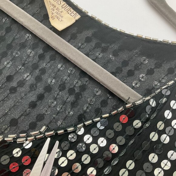 VTG Sequins Queen Medium Silk Beaded Top Black Silver Sequin Floral Embellished* - Picture 6 of 13